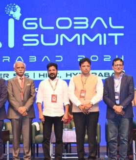 Robot welcomes Tollywood heroes at Telangana Global Summit