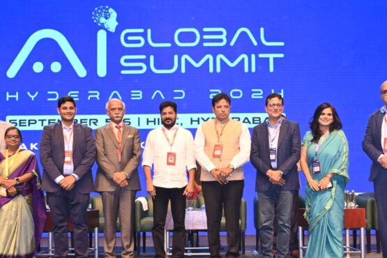 Robot welcomes Tollywood heroes at Telangana Global Summit