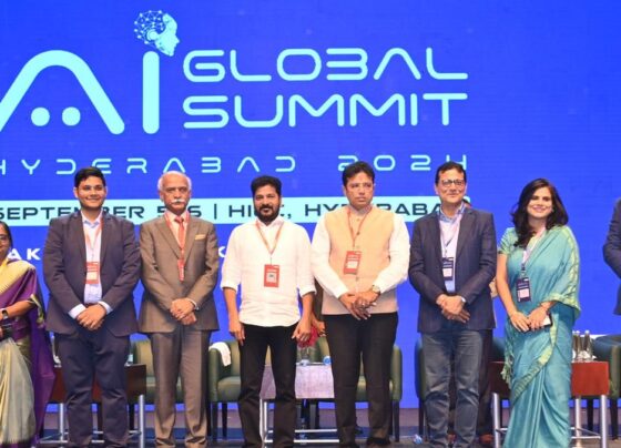 Robot welcomes Tollywood heroes at Telangana Global Summit
