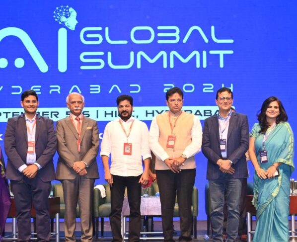 Robot welcomes Tollywood heroes at Telangana Global Summit